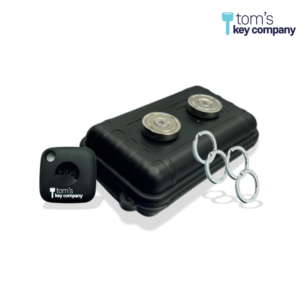 3 Piece Gift Bundle for Car Owners: Magnetic Key Storage Box, Premium Metal Key Rings, Tile Key Finder