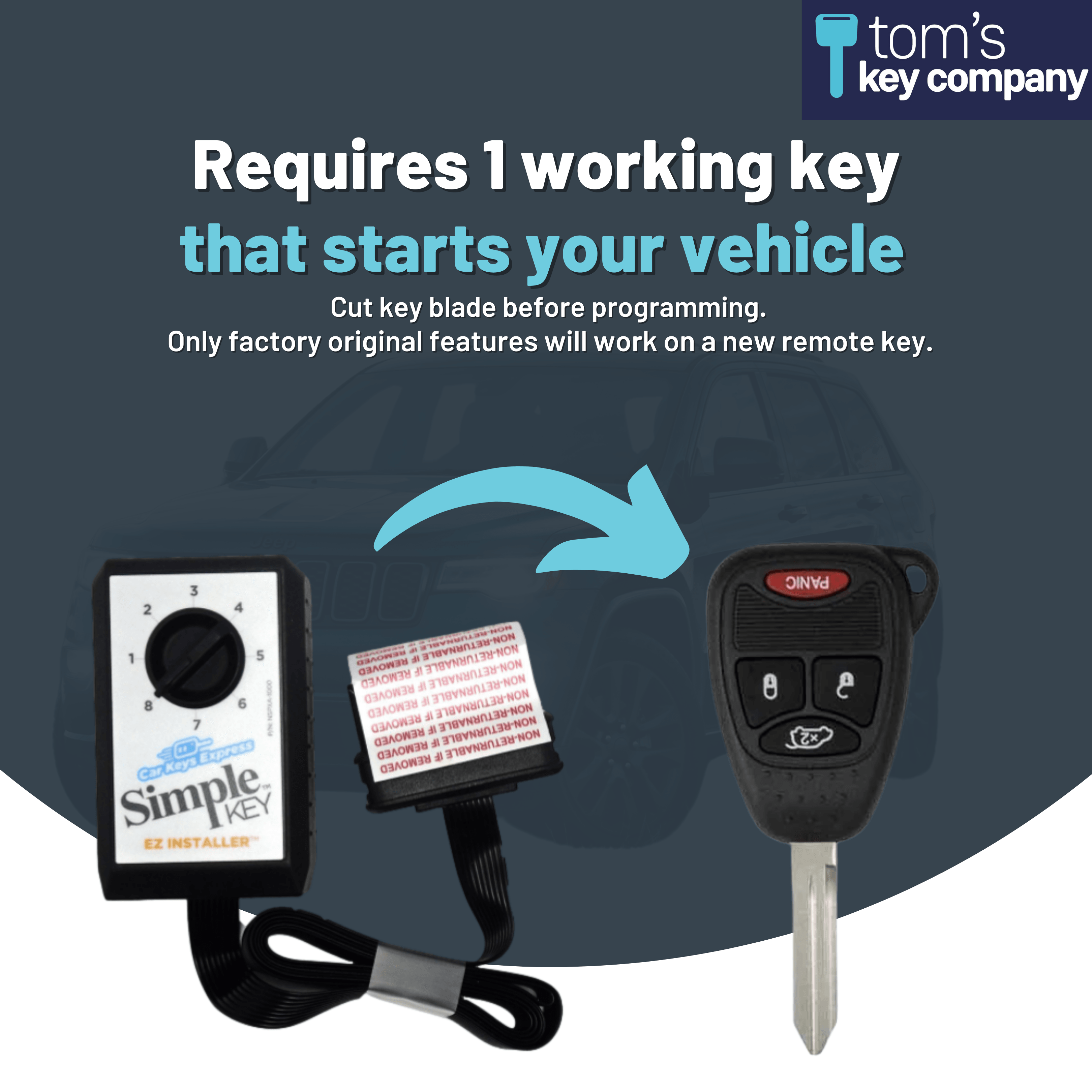 Chrysler, Dodge, and Jeep Simple Key Programmer for Key with 4 Buttons Including Trunk (CDRH-E4HZ0SK-KIT) - Tom's Key Company